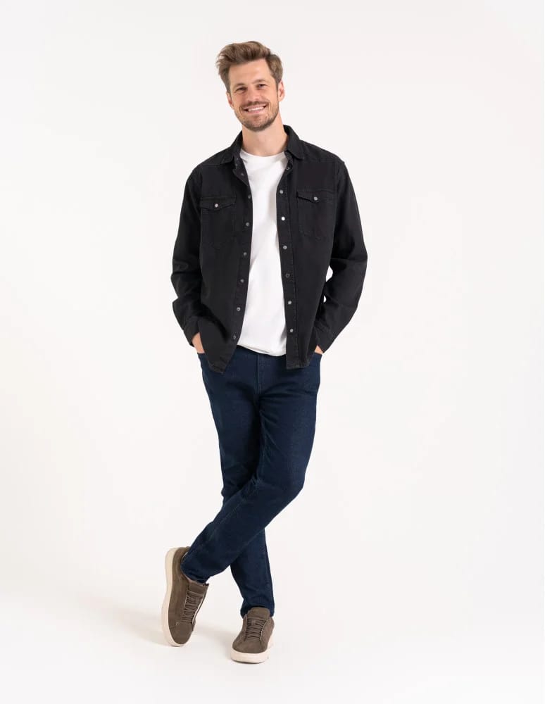 Mężczyzna - Koszula męska jeansowa denim klasyczna CZARNY - produkt moraj.pl 7