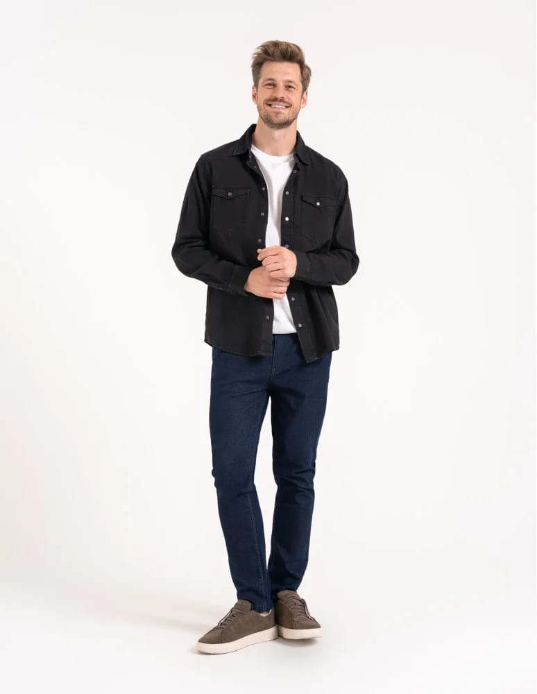 Mężczyzna - Koszula męska jeansowa denim klasyczna CZARNY - produkt moraj.pl 8