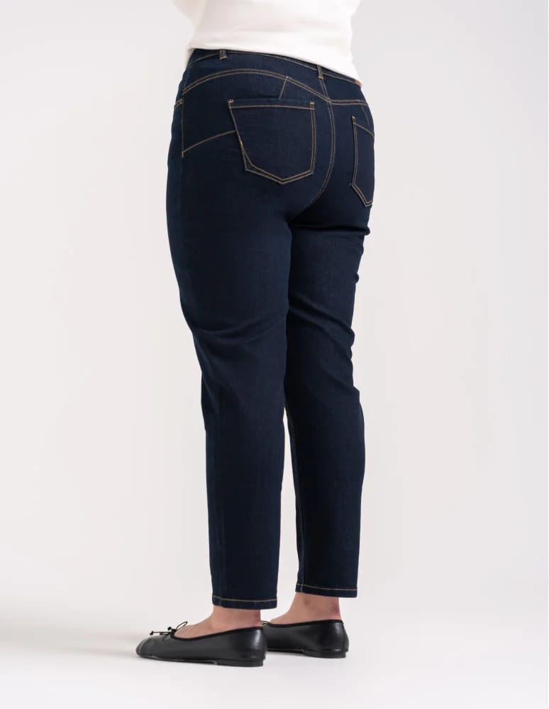 Nowości - Spodnie jeansowe damskie Mom Slim z wysokim stanem GRANATOWY  - produkt moraj.pl 6