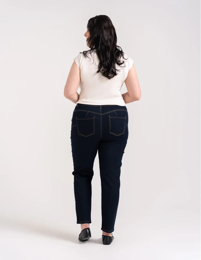Nowości - Spodnie jeansowe damskie Mom Slim z wysokim stanem GRANATOWY  - produkt moraj.pl 8
