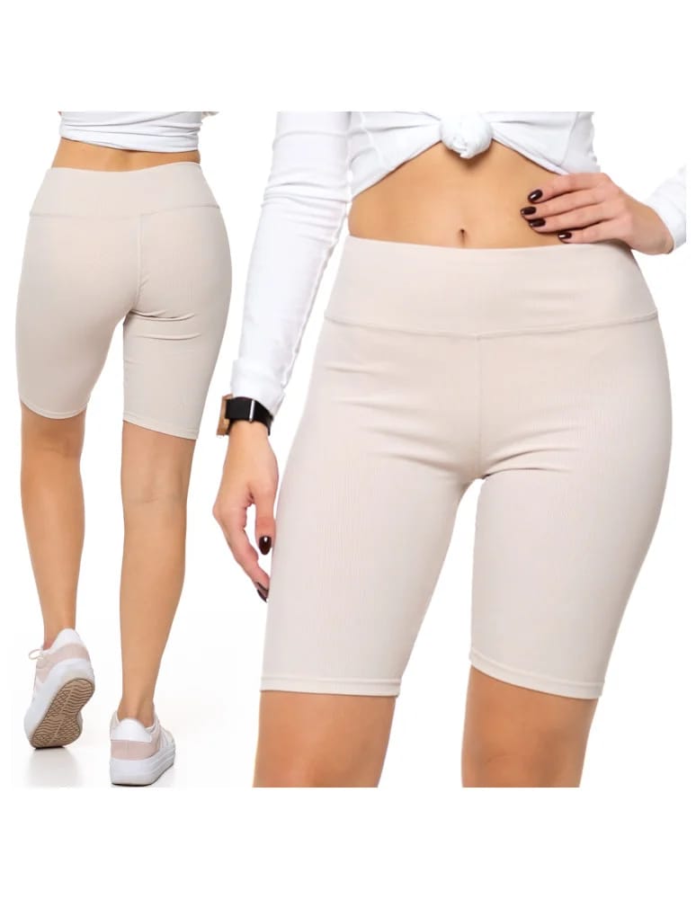 Legginsy damskie - Legginsy kolarki damskie w prążek wysoki stan BEŻOWY  - produkt moraj.pl 5