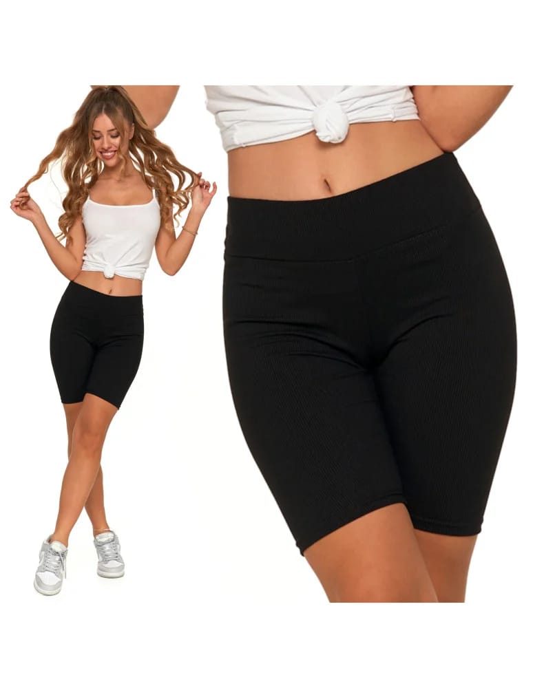 Legginsy damskie - Legginsy kolarki damskie w prążek wysoki stan CZARNY  - produkt moraj.pl 2
