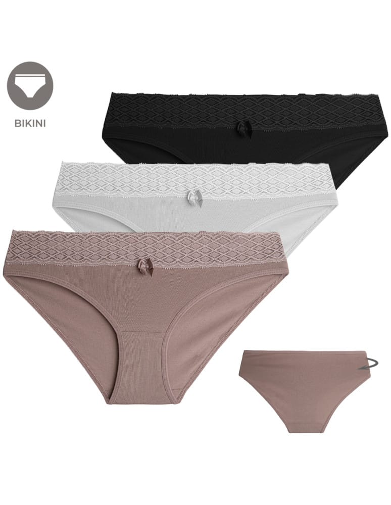 Majtki damskie bikini z miękkiego modalu figi z koronkowym pasem 3-pak WIELOKOLOROWY