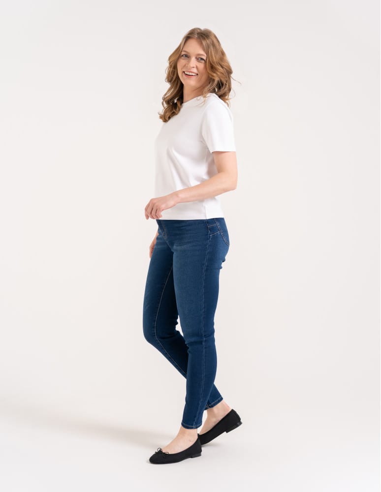 Jeansy - Wygodne jeansy damskie Slim Fit elastyczne skinny dopasowane CIEMNY NIEBIESKI - produkt moraj.pl 3
