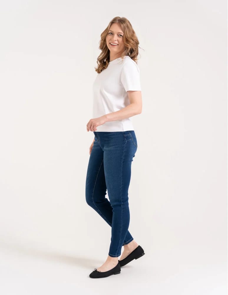 Jeansy - Wygodne jeansy damskie Slim Fit elastyczne skinny dopasowane CIEMNY NIEBIESKI  - produkt moraj.pl 3
