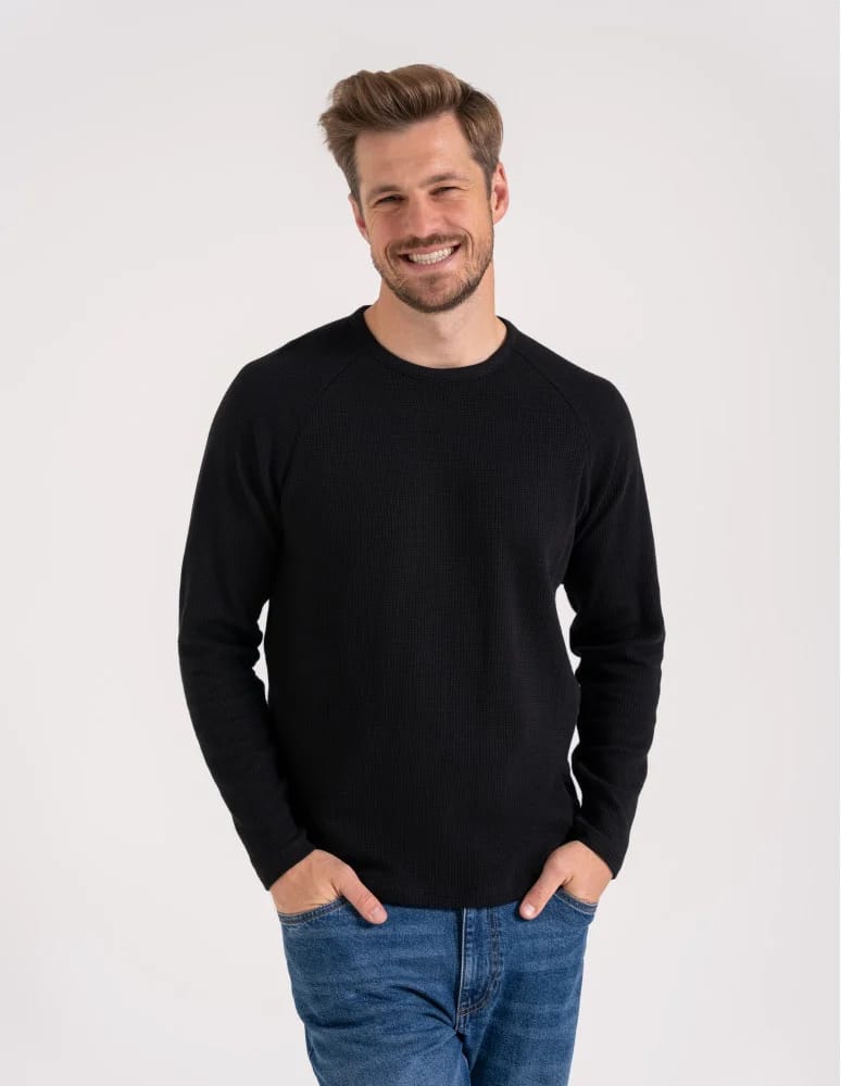 Koszulki i Tank Topy - Koszulka męska longsleeve ze strukturą i okrągłym CZARNY  - produkt moraj.pl 3