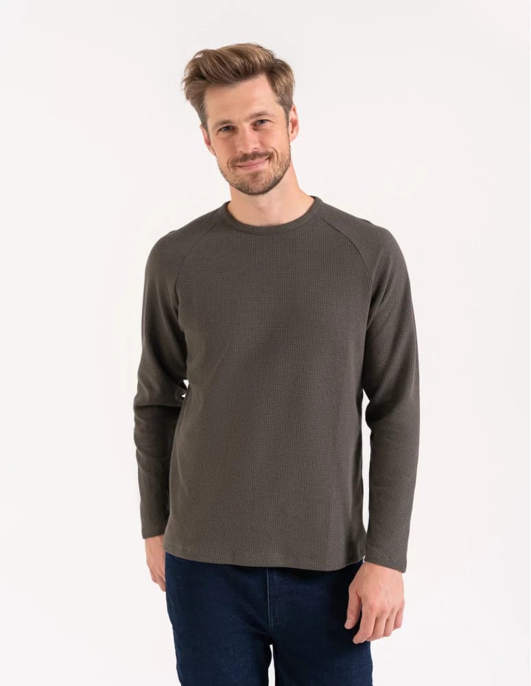 Koszulki i Tank Topy - Koszulka męska longsleeve ze strukturą i okrągłym KHAKI  - produkt moraj.pl 3