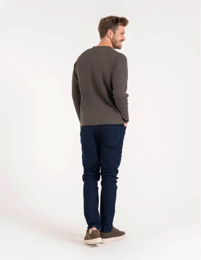 Koszulki i Tank Topy - Koszulka męska longsleeve ze strukturą i okrągłym KHAKI  - produkt moraj.pl 4