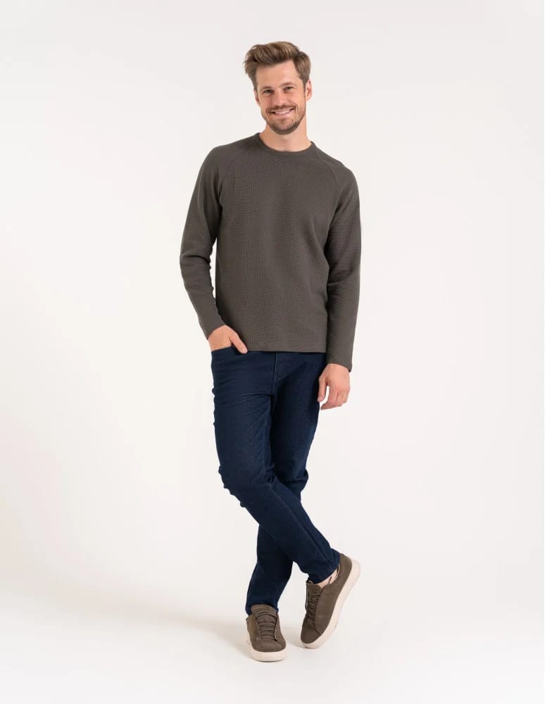 Koszulki i Tank Topy - Koszulka męska longsleeve ze strukturą i okrągłym KHAKI  - produkt moraj.pl 5