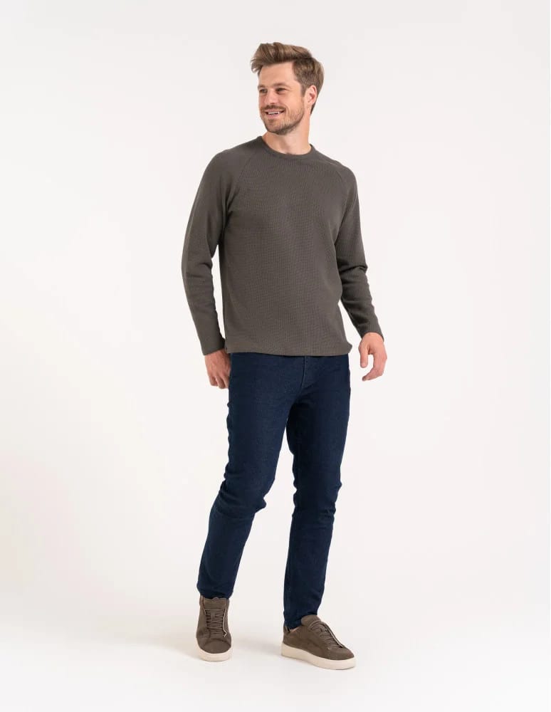 Koszulki i Tank Topy - Koszulka męska longsleeve ze strukturą i okrągłym KHAKI  - produkt moraj.pl 6