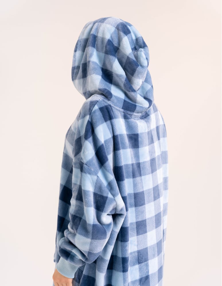 Kocobluzy - Ciepła kocobluza damska oversize z kapturem w kratę NIEBIESKI  - produkt moraj.pl 5
