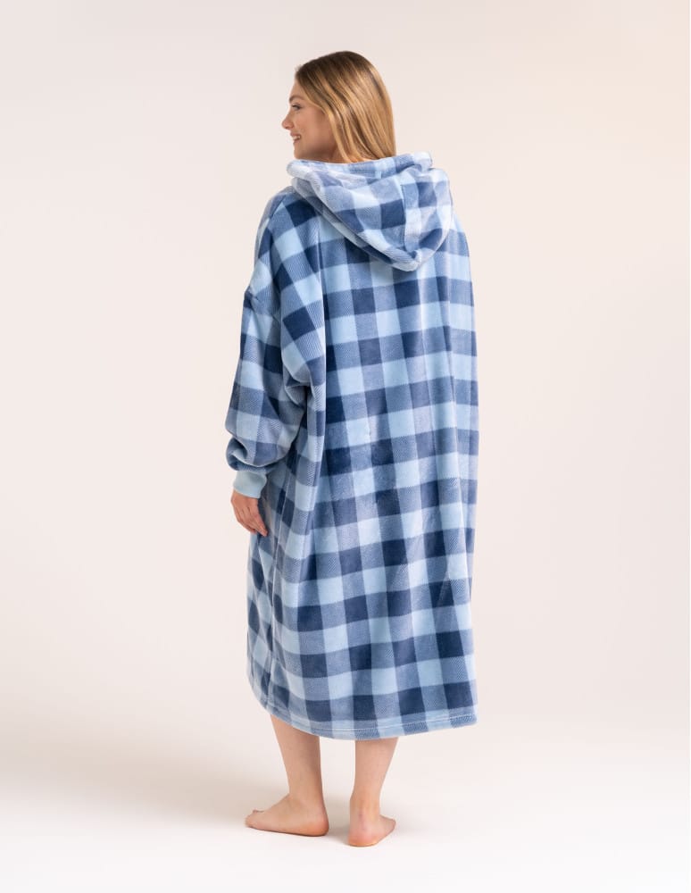 Kocobluzy - Ciepła kocobluza damska oversize z kapturem w kratę NIEBIESKI  - produkt moraj.pl 6