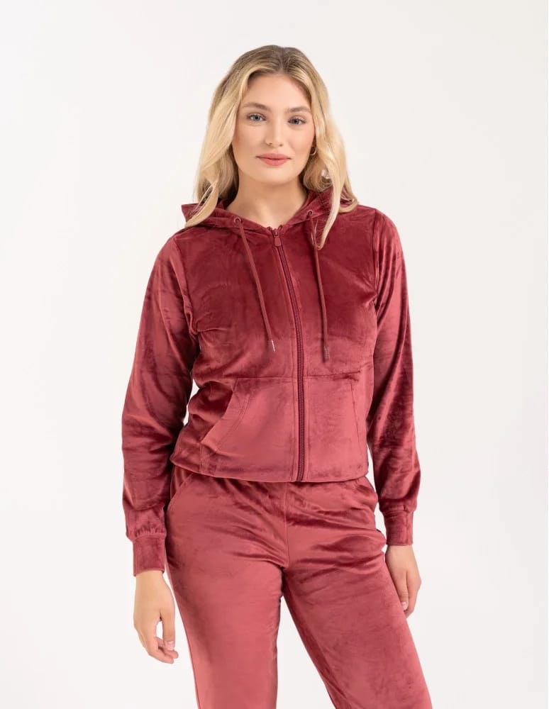Bluzy dresowe - Bluza damska welurowa rozpinana z kapturem i kieszeniami BORDOWY  - produkt moraj.pl 3