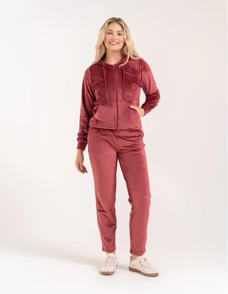 Bluzy dresowe - Bluza damska welurowa rozpinana z kapturem i kieszeniami BORDOWY  - produkt moraj.pl 7