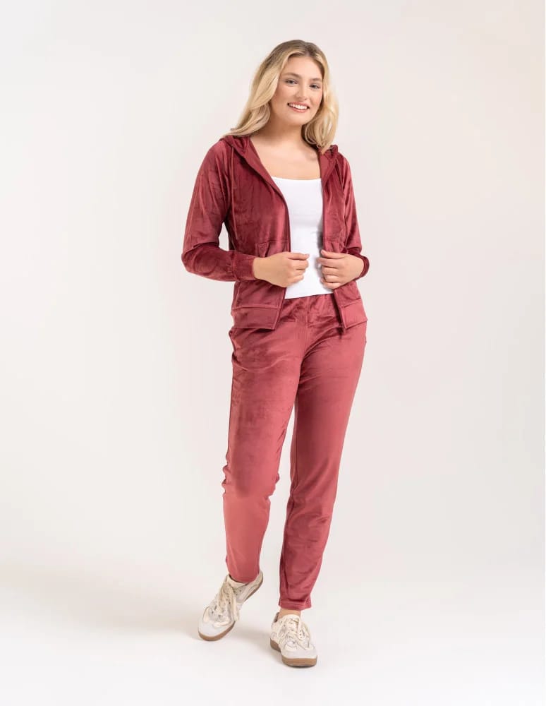 Bluzy dresowe - Bluza damska welurowa rozpinana z kapturem i kieszeniami BORDOWY  - produkt moraj.pl 6