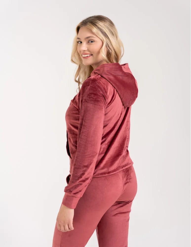 Bluzy dresowe - Bluza damska welurowa rozpinana z kapturem i kieszeniami BORDOWY  - produkt moraj.pl 9