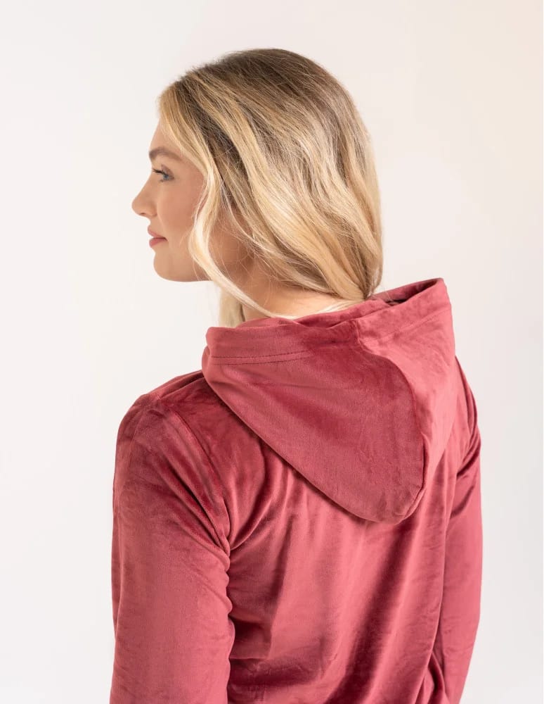 Bluzy dresowe - Bluza damska welurowa rozpinana z kapturem i kieszeniami BORDOWY  - produkt moraj.pl 5