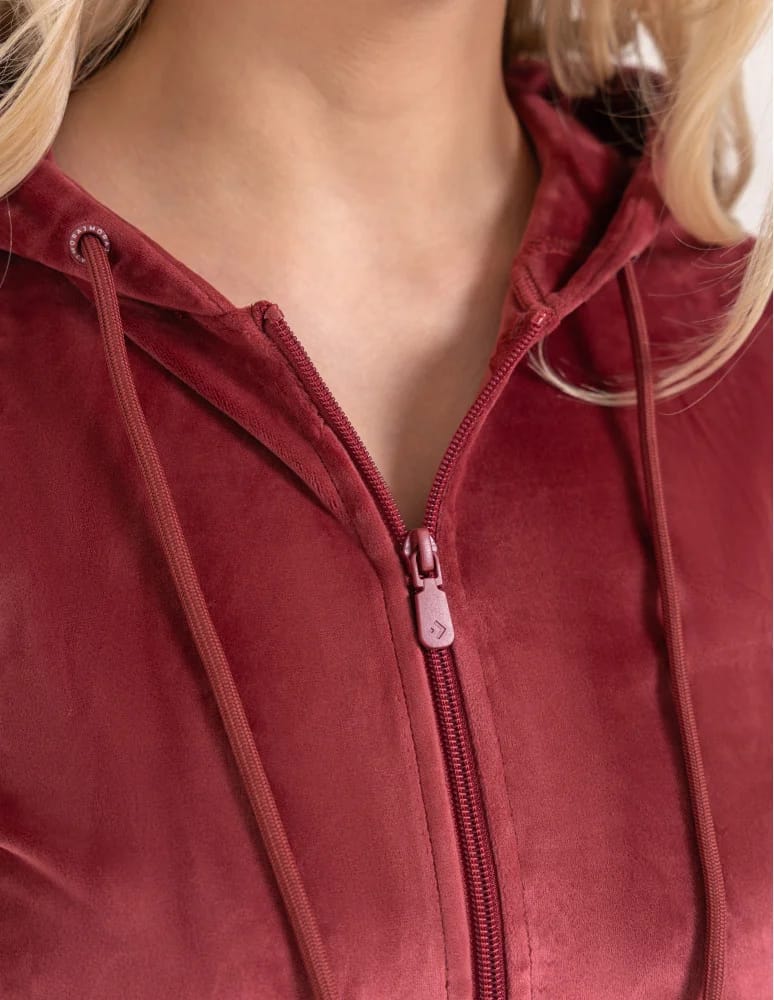 Bluzy dresowe - Bluza damska welurowa rozpinana z kapturem i kieszeniami BORDOWY  - produkt moraj.pl 2