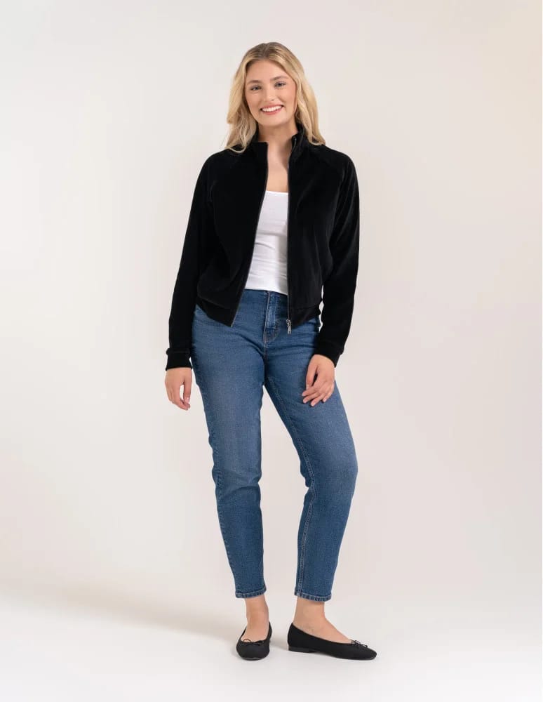 Bluzy damskie - Bluza damska welurowa na zamek z bawełny CZARNY - produkt moraj.pl 2