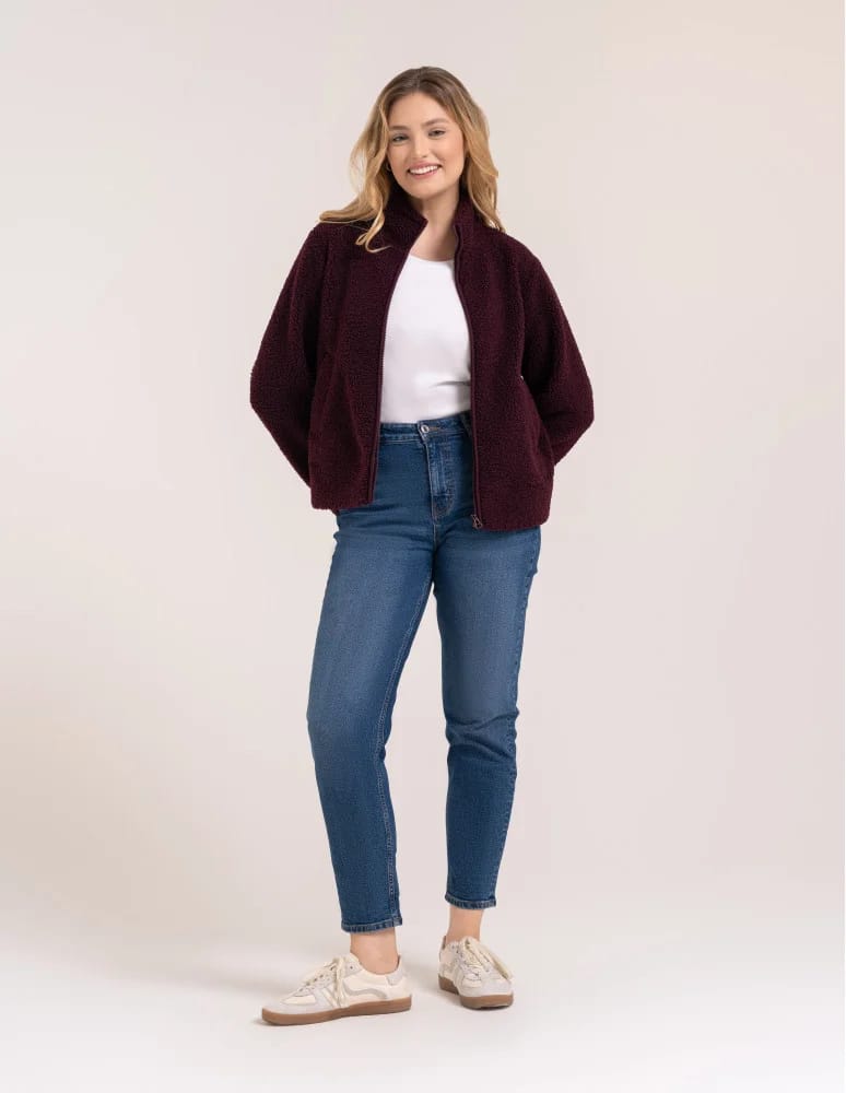 Kurtki damskie - Bluza polarowa damska sherpa baranek o kroju boxy ze stójką i kieszeniami FIOLETOWY - produkt moraj.pl 3
