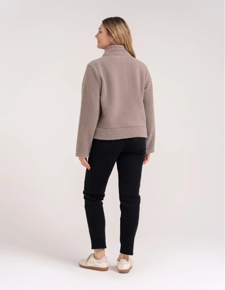 Kurtki damskie - Bluza polarowa damska sherpa baranek o kroju boxy ze stójką i kieszeniami BEŻOWY - produkt moraj.pl 10
