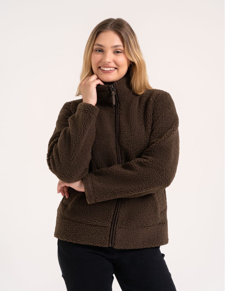 Bluza polarowa damska sherpa baranek o kroju boxy ze stójką i kieszeniami BRĄZOWY