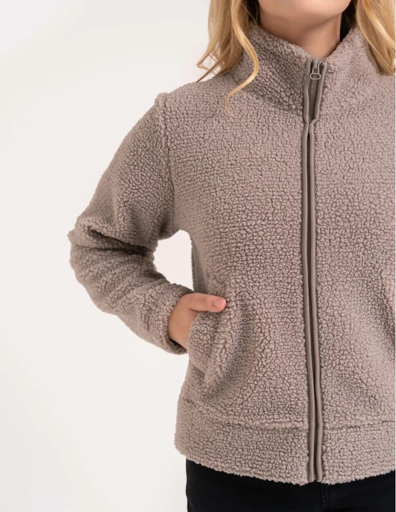 Kurtki damskie - Bluza polarowa damska sherpa baranek o kroju boxy ze stójką i kieszeniami BEŻOWY - produkt moraj.pl 3