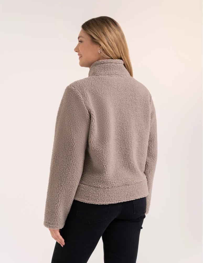 Kurtki damskie - Bluza polarowa damska sherpa baranek o kroju boxy ze stójką i kieszeniami BEŻOWY - produkt moraj.pl 8