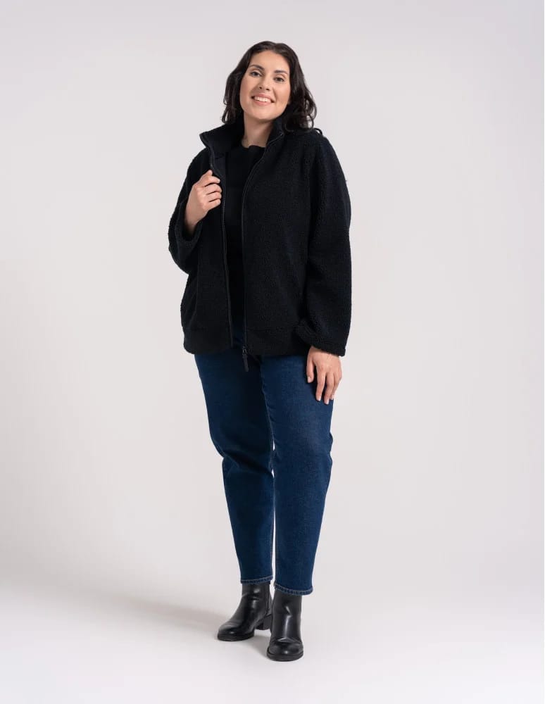 Kurtki damskie - Bluza polarowa damska sherpa baranek o kroju boxy ze stójką i kieszeniami CZARNY - produkt moraj.pl 8