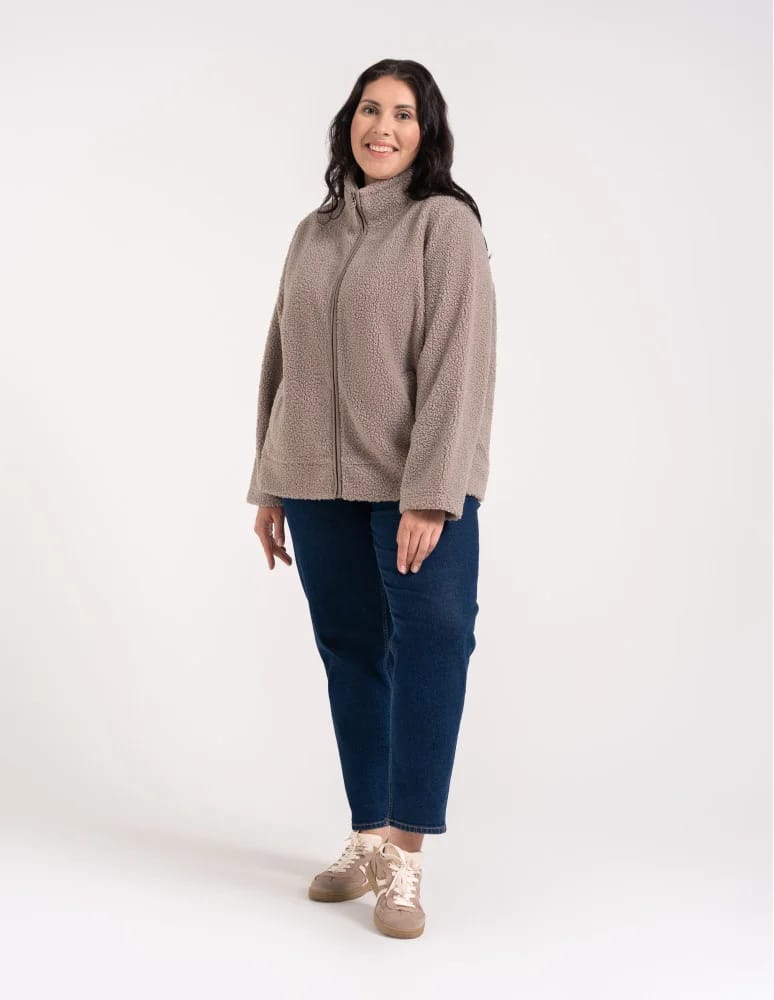 Kurtki damskie - Bluza polarowa damska sherpa baranek o kroju boxy ze stójką i kieszeniami BEŻOWY - produkt moraj.pl 11