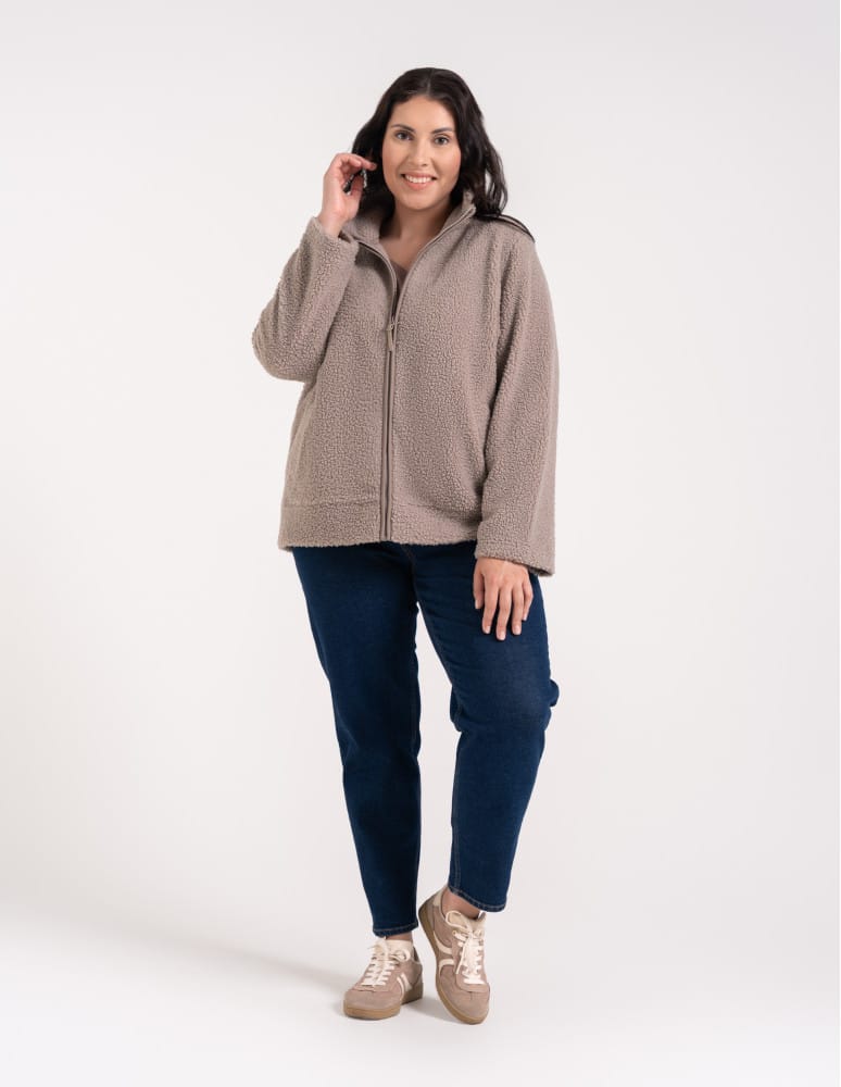 Kurtki damskie - Bluza polarowa damska sherpa baranek o kroju boxy ze stójką i kieszeniami BEŻOWY  - produkt moraj.pl 12