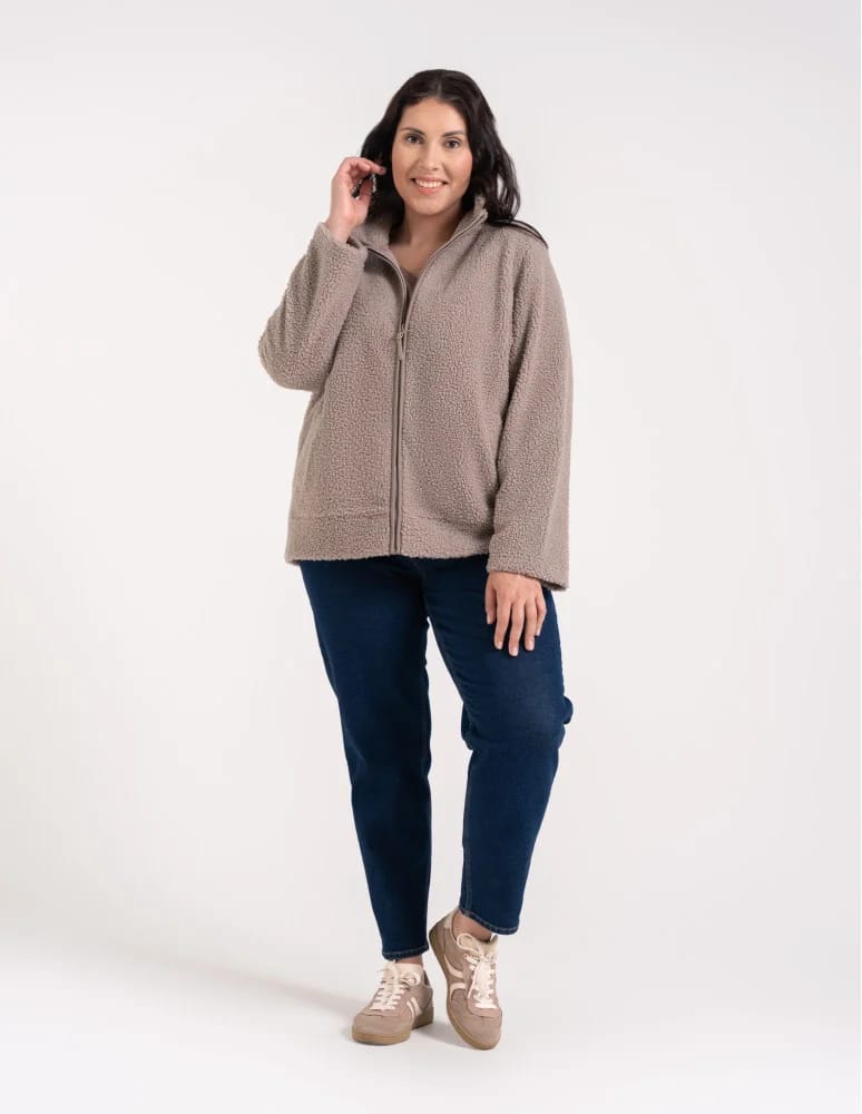 Kurtki damskie - Bluza polarowa damska sherpa baranek o kroju boxy ze stójką i kieszeniami BEŻOWY - produkt moraj.pl 12