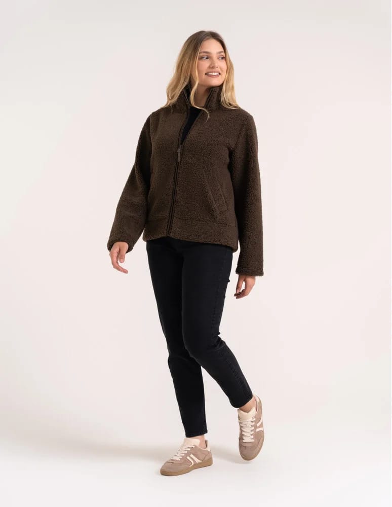 Kurtki damskie - Bluza polarowa damska sherpa baranek o kroju boxy ze stójką i kieszeniami BRĄZOWY - produkt moraj.pl 4