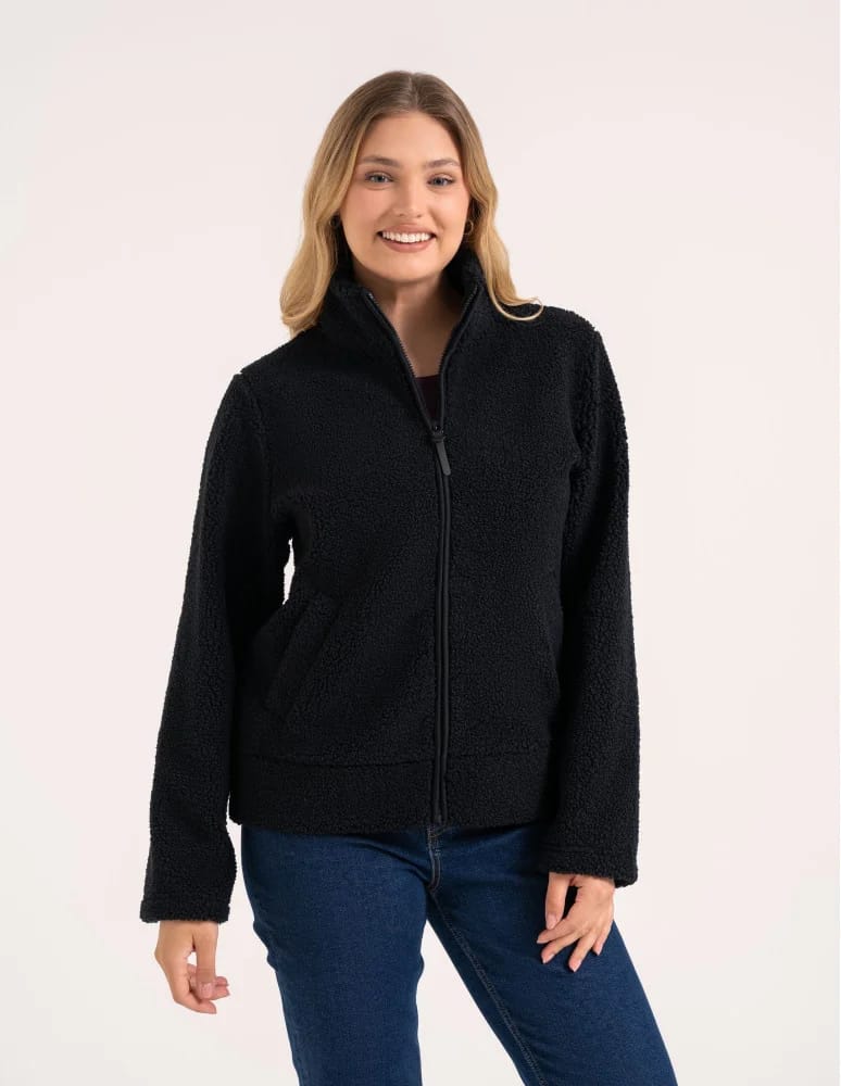 Kurtki damskie - Bluza polarowa damska sherpa baranek o kroju boxy ze stójką i kieszeniami CZARNY - produkt moraj.pl 7