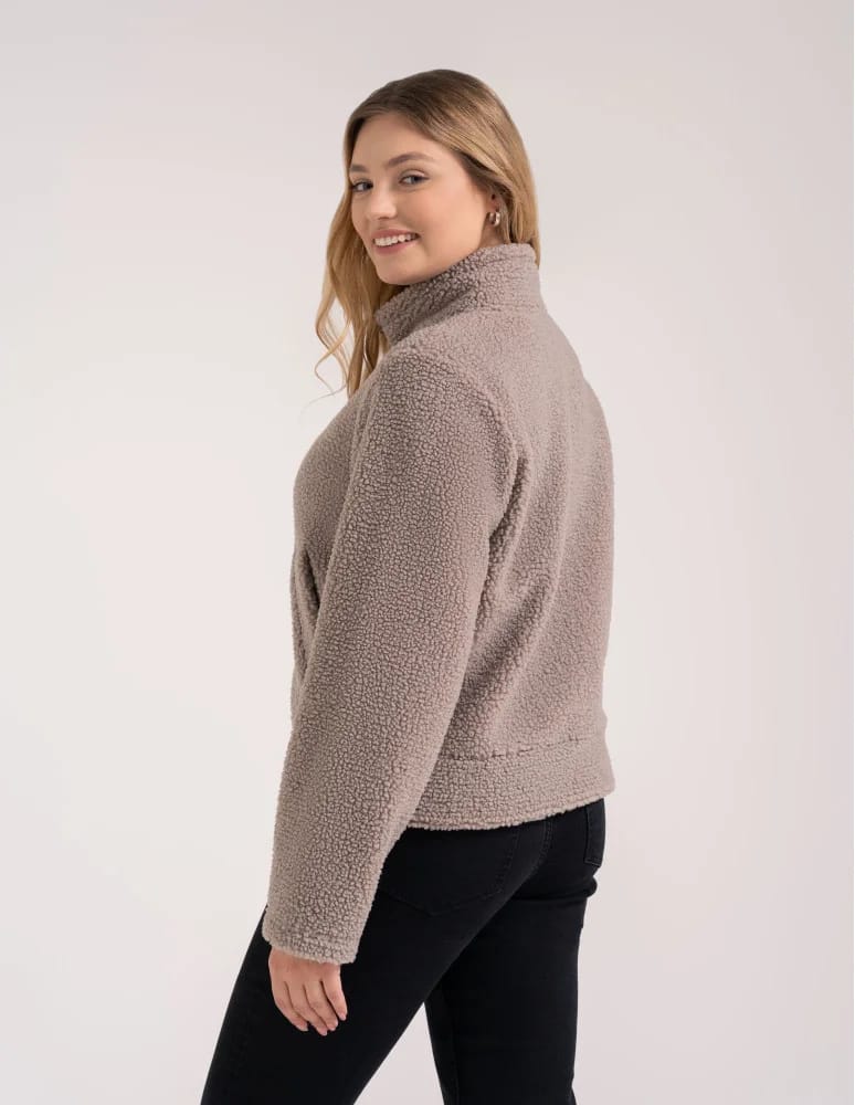 Kurtki damskie - Bluza polarowa damska sherpa baranek o kroju boxy ze stójką i kieszeniami BEŻOWY - produkt moraj.pl 7