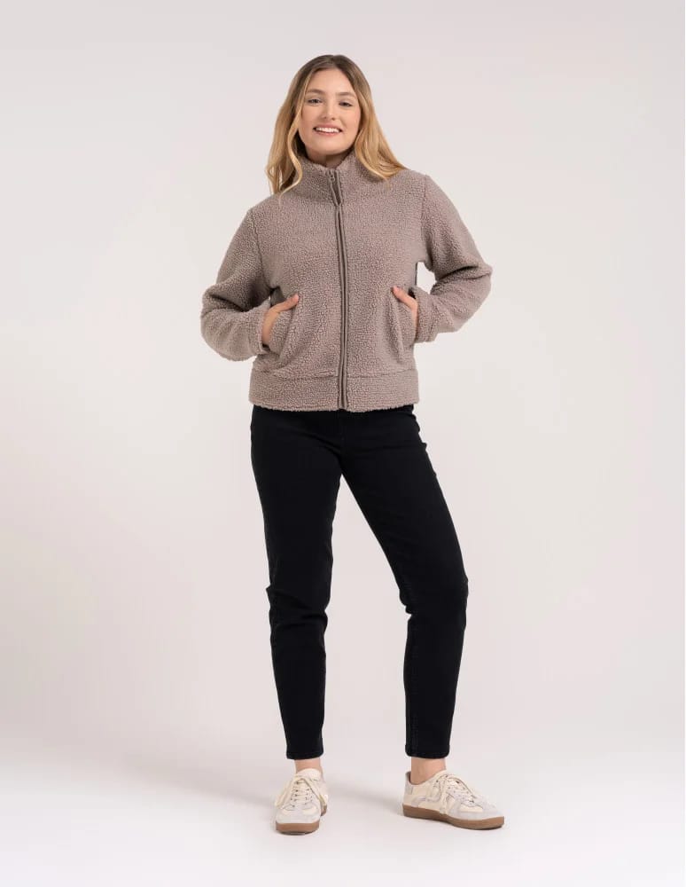 Kurtki damskie - Bluza polarowa damska sherpa baranek o kroju boxy ze stójką i kieszeniami BEŻOWY - produkt moraj.pl 2