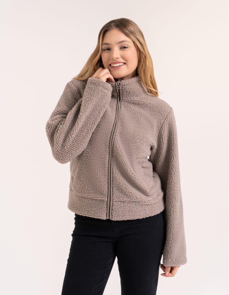 Kurtki damskie - Bluza polarowa damska sherpa baranek o kroju boxy ze stójką i kieszeniami BEŻOWY  - produkt moraj.pl 9