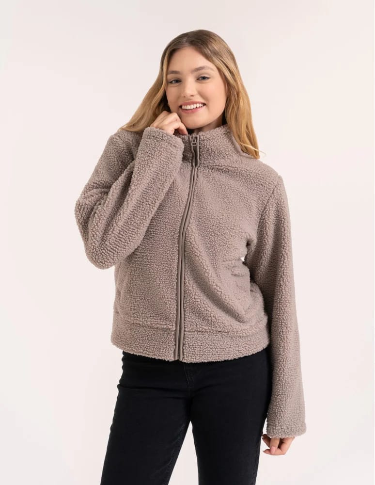 Kurtki damskie - Bluza polarowa damska sherpa baranek o kroju boxy ze stójką i kieszeniami BEŻOWY - produkt moraj.pl 9