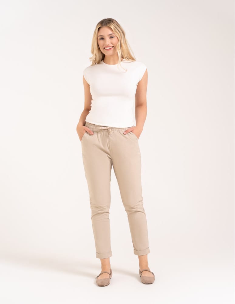 Spodnie damskie - Spodnie damskie jogger w stylu casual z bawełny BEŻOWY  - produkt moraj.pl 2