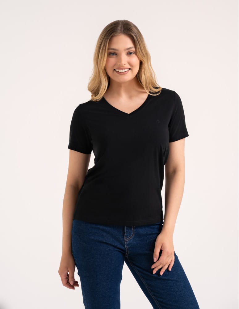 Koszulki i T-shirty - Koszulka damska bawełna Premium T-shirt dekolt w serek CZARNY  - produkt moraj.pl 2