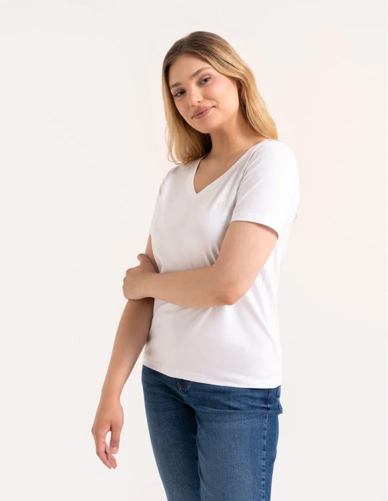 Koszulki i T-shirty - Koszulka damska bawełna Premium T-shirt dekolt w serek BIAŁY  - produkt moraj.pl 2