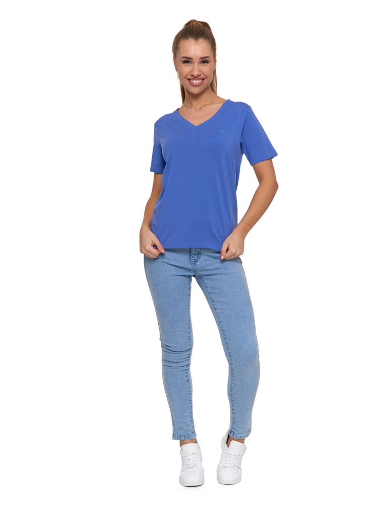 Koszulki i T-shirty - Koszulka damska bawełna Premium T-shirt dekolt w serek NIEBIESKI - produkt moraj.pl 2