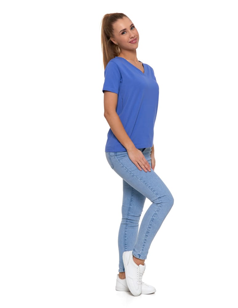 Koszulki i T-shirty - Koszulka damska bawełna Premium T-shirt dekolt w serek NIEBIESKI - produkt moraj.pl 4