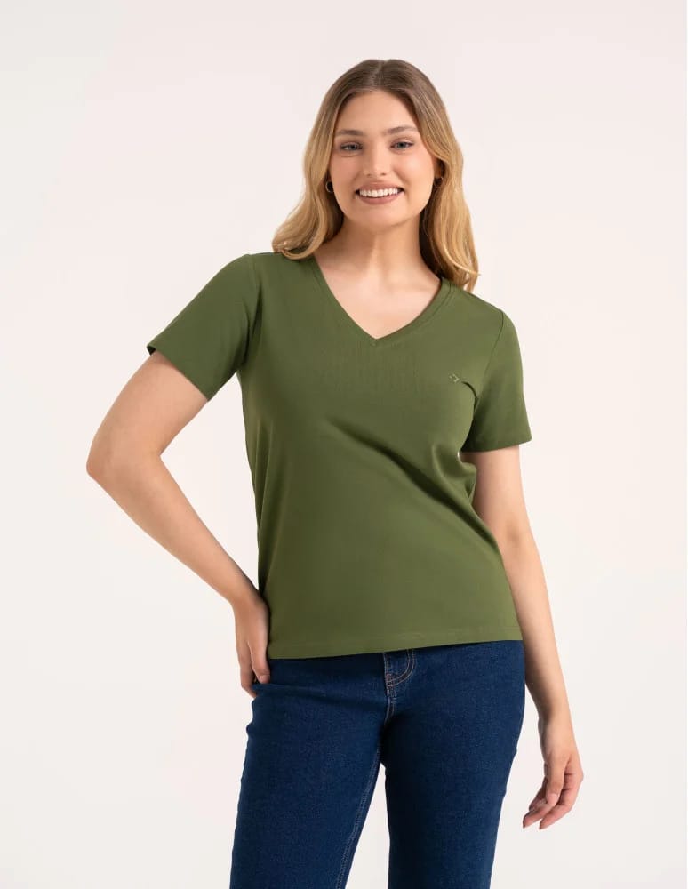 Koszulki i T-shirty - Koszulka damska bawełna Premium T-shirt dekolt w serek CIEMNY KHAKI - produkt moraj.pl 5
