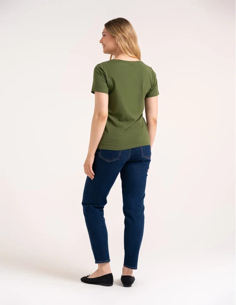 Koszulki i T-shirty - Koszulka damska bawełna Premium T-shirt dekolt w serek CIEMNY KHAKI - produkt moraj.pl 6