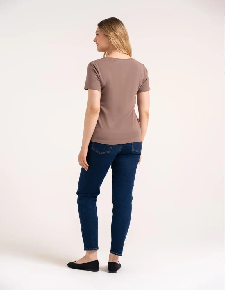 Koszulki i T-shirty - Koszulka damska bawełna Premium T-shirt dekolt w serek CIEMNY BEŻOWY - produkt moraj.pl 7
