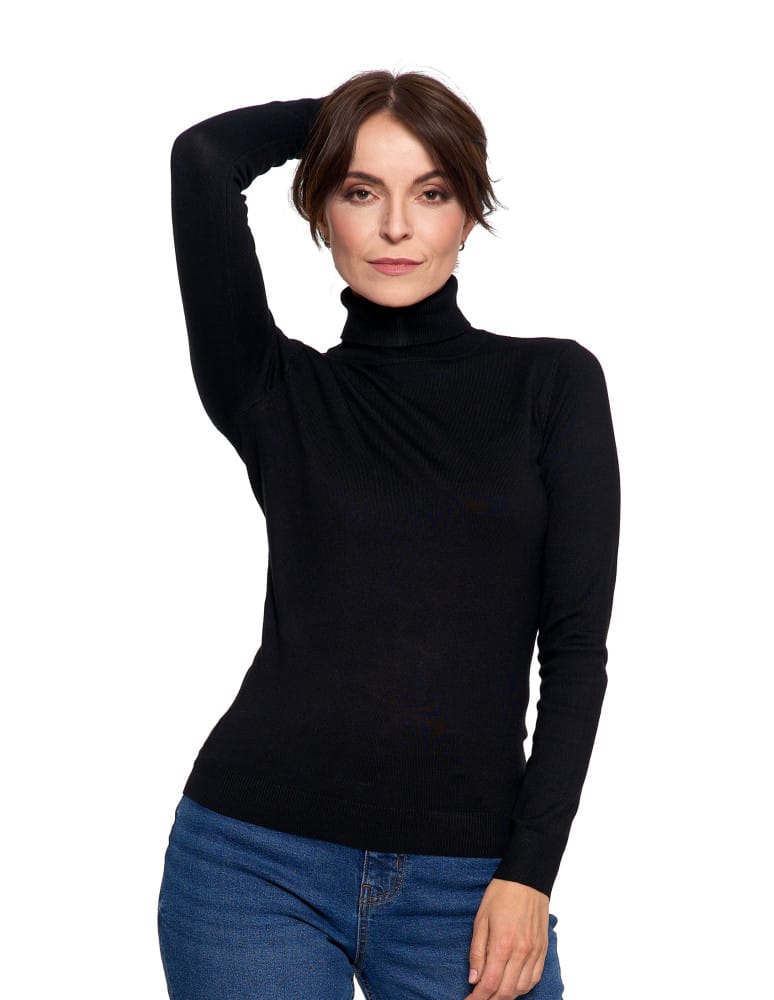 Swetry - Sweter damski golf wiskozowy klasyczny z długim rękawem CZARNY - produkt moraj.pl 1