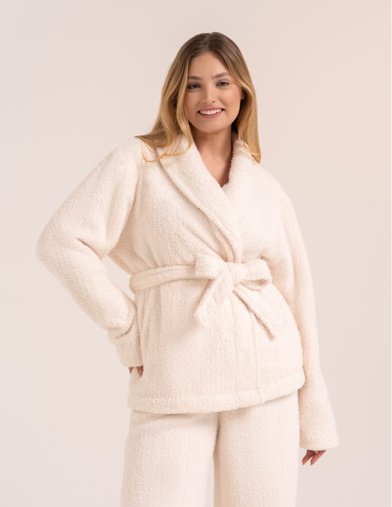Piżamy z długim rękawem - Ciepła piżama damska wygodny komplet pluszowy z wiązanym kimono KREMOWY  - produkt moraj.pl 2