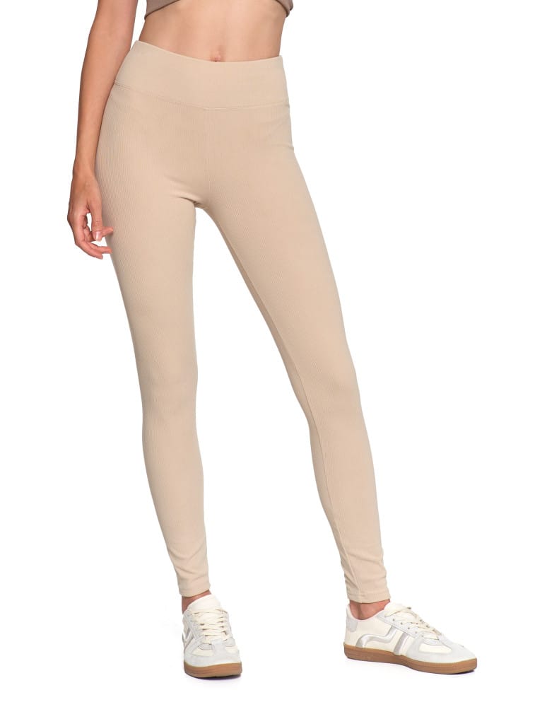 Legginsy damskie - Wygodne legginsy damskie prążkowane z wysokim stanem bezuciskowe BEŻOWY - produkt moraj.pl 1