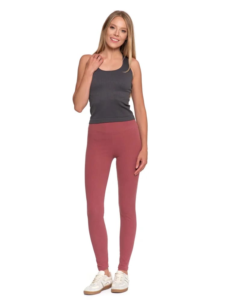 Legginsy damskie - Wygodne legginsy damskie prążkowane z wysokim stanem bezuciskowe RÓŻOWY  - produkt moraj.pl 4
